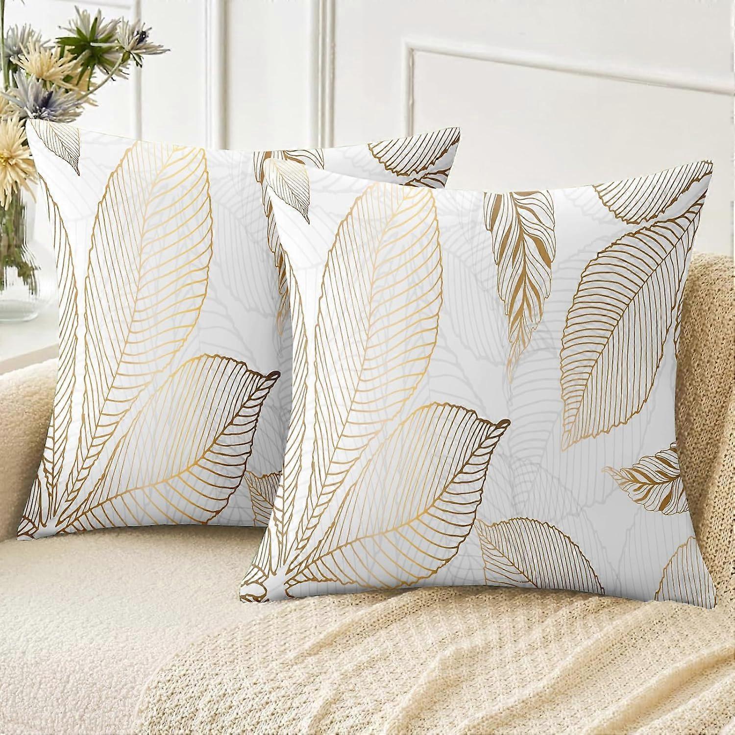 Spring Pillow Covers 20x20 inch Set of 2, Soft Short Plush Golden Leaves Pattern Decorative Sofa Living Room Bed Square Pillow Case Cushion Cover-Gold