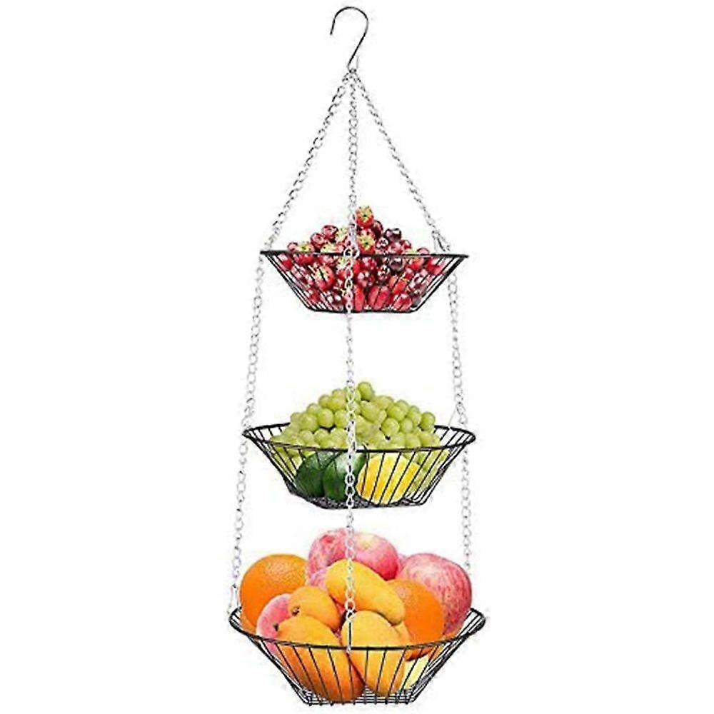 3-Layer Hanging Fruit Basket - Metal Vegetable Basket with Ceiling Hook for Kitchen Storage
