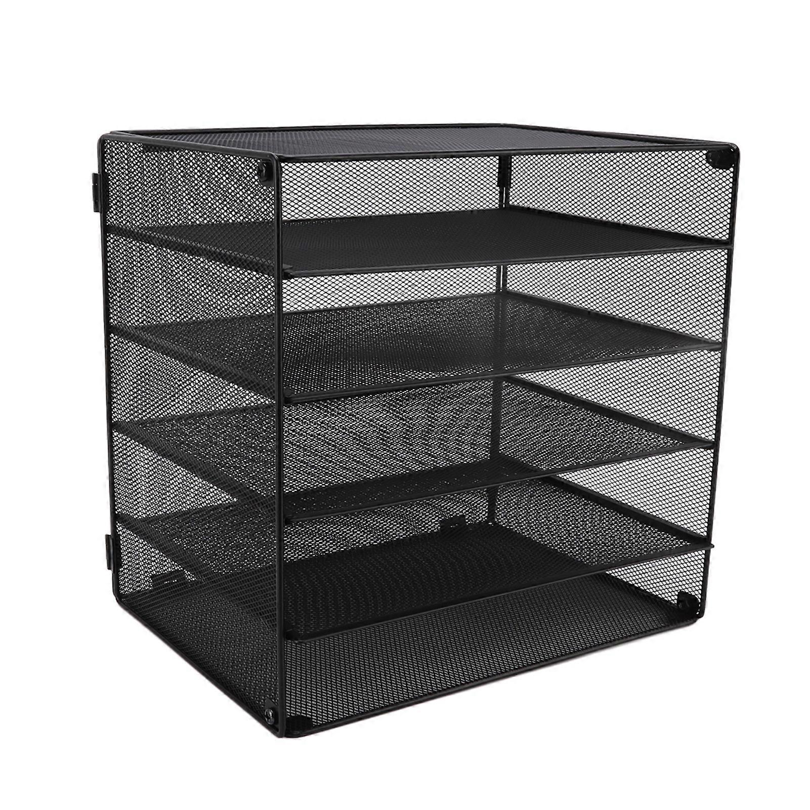Five Layer Large Capacity Black Metal Mesh Grid Desktop File Organizer Storage Rack