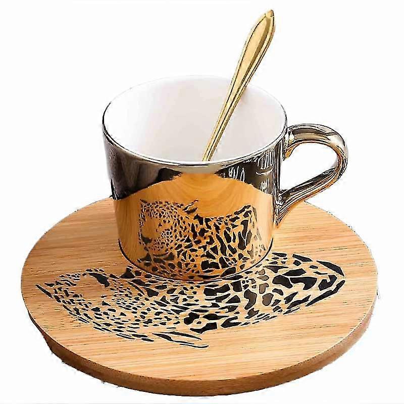 Golden Mirror Reflection Cup And Wooden Saucer Coffee Cup (leopard)d