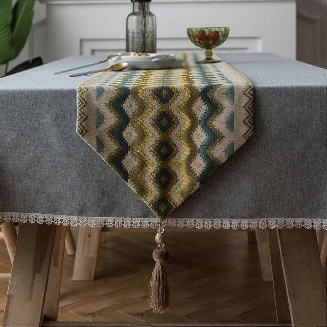 Boho Colorful Wave Table Runners with Tassels Geometric Jacquard Country Style Table Runner Dresser Decoration (Wave A, 13 x 106 Inch)