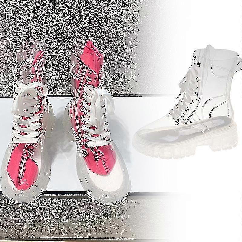Women Waterproof Transparent Platform Boots Ladies Clear Lace Up Rain Shoes - S