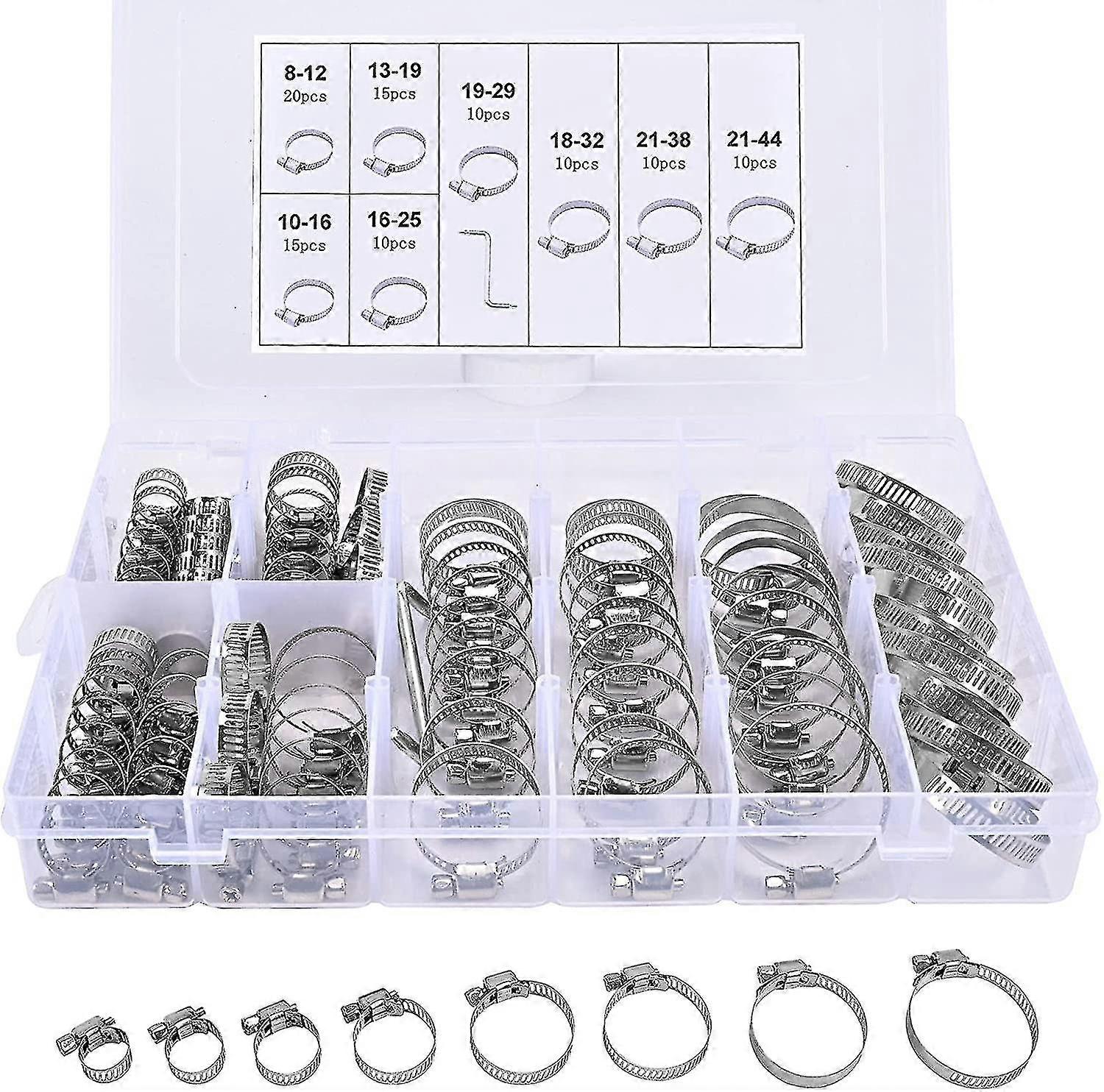 Set Of 101 Adjustable 304 Stainless Steel Hose Clamps - 8 Sizes From 8 To 44 Mm