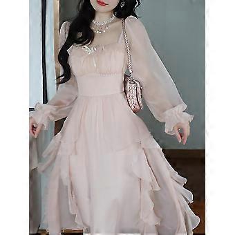 2023 Summer Pink Chiffon Vintage Fairy Dress Women Korean Style Elegant  Party Midi Dress Female Court Retro Flare Sleeve Dresses | Fruugo EG
