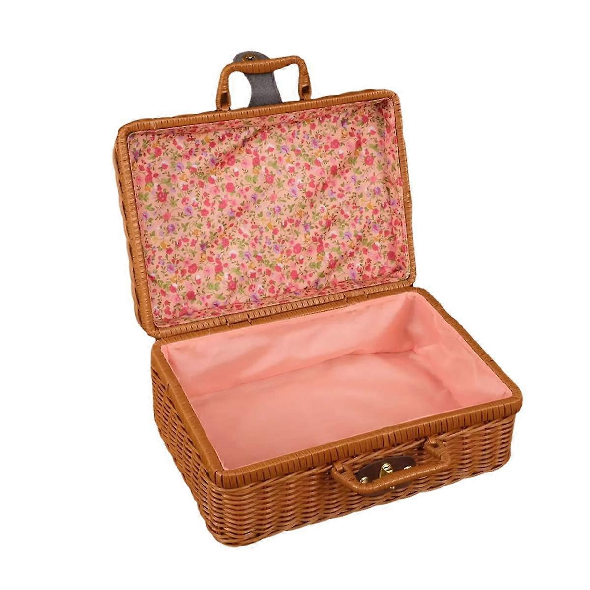 Vintage PP Rattan Woven Storage Box with Lid, Portable Travel Case, Perfect for Wedding Gifts and H