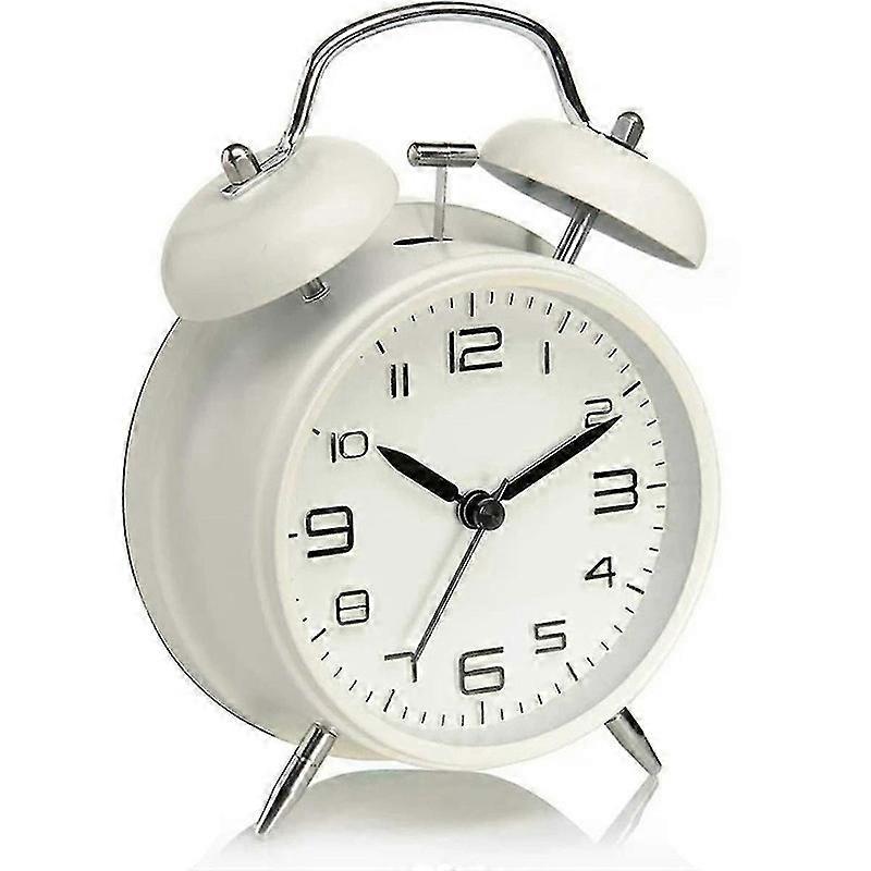 4 Inch Twin Bell Loud Alarm Clock Metal Frame 3d Dial With Backlight Battery Operate Desk Table Alarm Clock,white