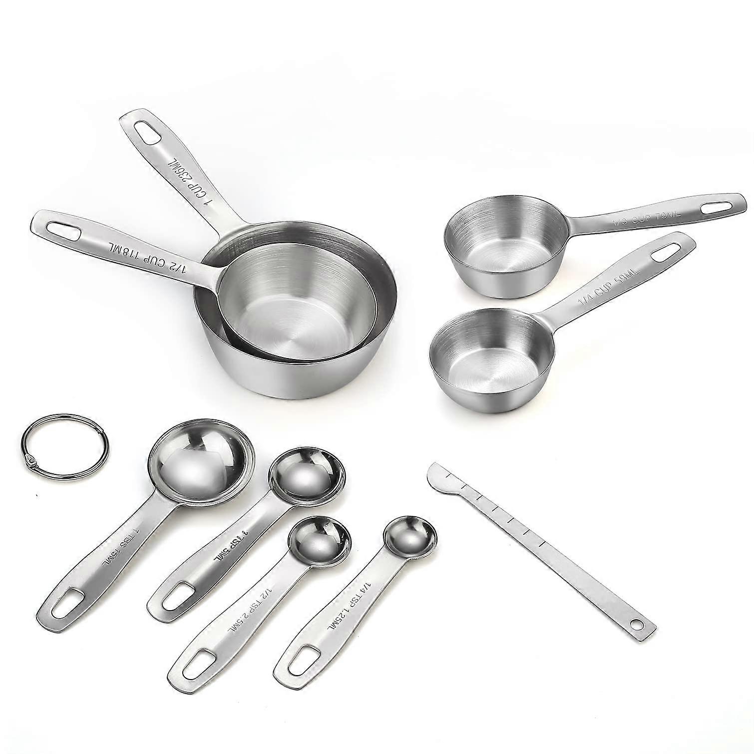 9 Piece Stainless Steel Measuring Cups and Spoons Set, One-Piece Construction, Kitchen Baking Tools, Durable and Easy to Clean