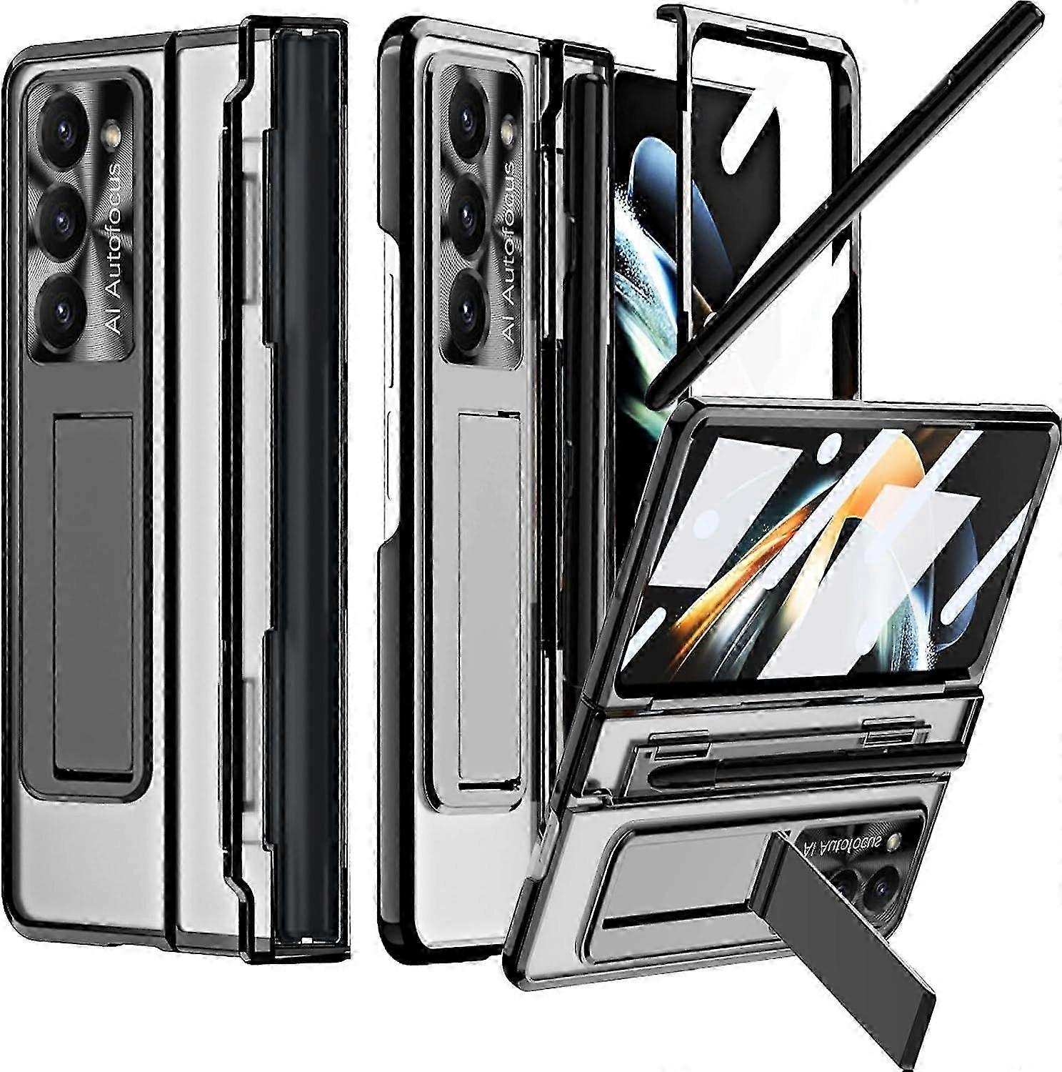 For Samsung Galaxy Z Fold 6 Clear Case with S Pen Holder & Flat Hinge Protector & Kickstand, Slim PC All-Inclusive Shockproof Case