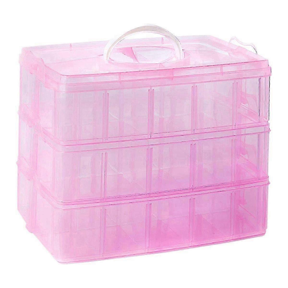 Pink Clear 3-Tier Craft Organizer with 30 Adjustable Compartments