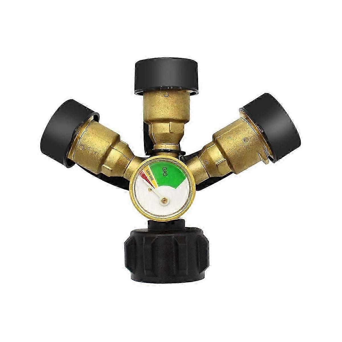 3 Way Propane Splitter with Gauge and Shut-Off Valve, 3 Y Propane Gas Splitter, Propane LP Tank Tee Gauge Adapter
