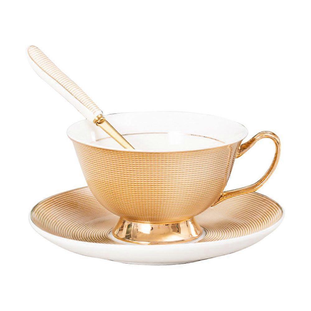 Coffee set is made of high quality bone China, 3-piece, 200ml coffee cup with coaster and spoon, coffee service, gold.