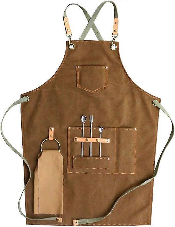 Canvas Apron Leather Bib Kitchen Apron Chef Cafe Restaurant With Pockets