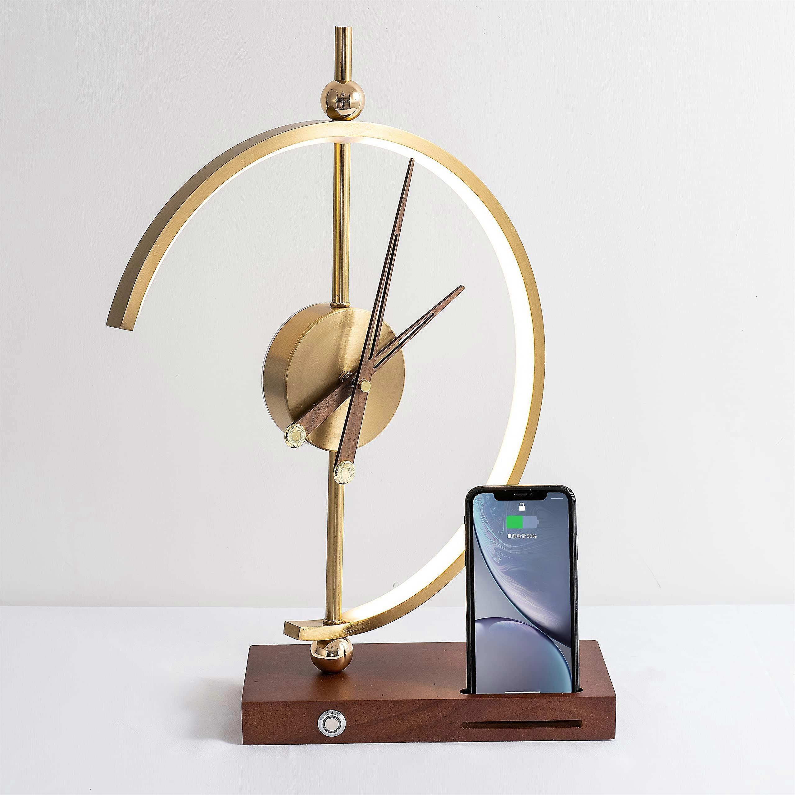 Gold Time Time | Table Lamp | Qi wireless and USB charger for home, office and hotel, wooden analog clock