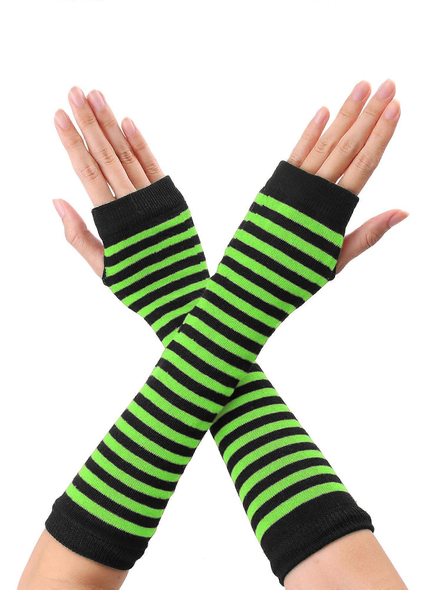 Fingerless Gloves Press and Elbow Length Knitted Sleeve Heaters Single Size in Bright Green and Black for Warmth