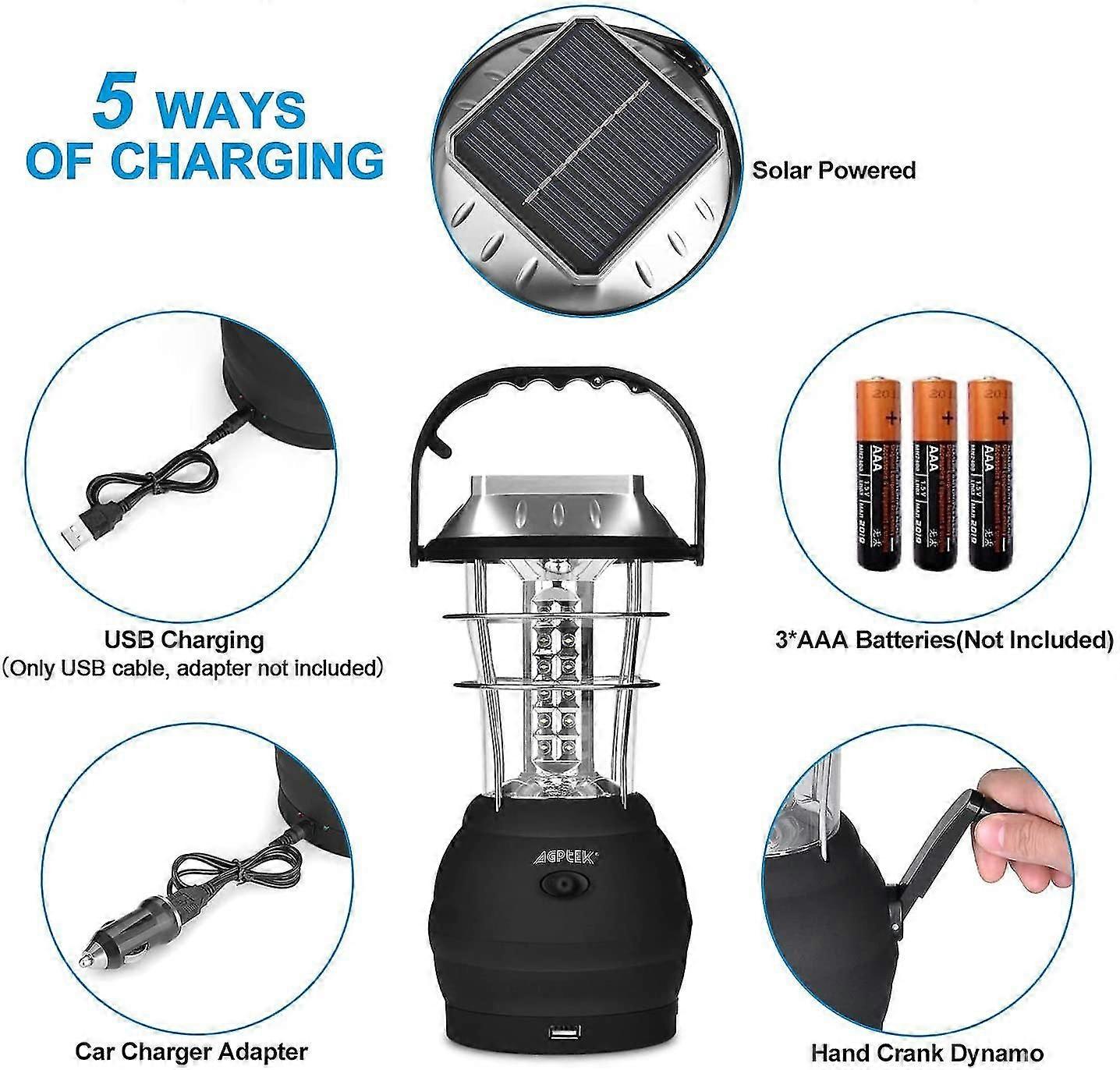 Portable Lantern Camping Lantern, Solar Lamp, 5 Charging Modes With Hand Crank