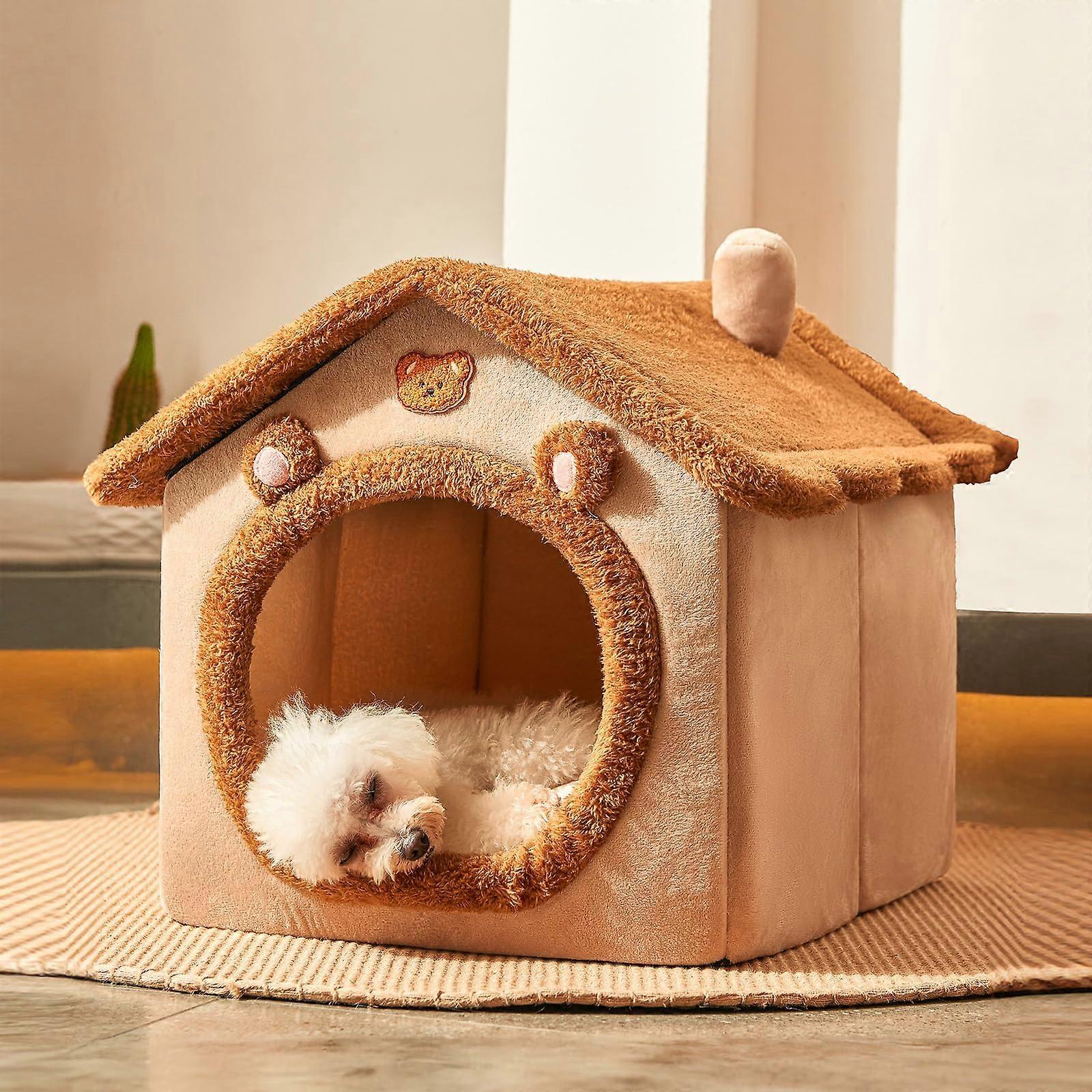 Cute Small Dog House Indoor, Foldable Dog Kennel Bed Mat with Cushion, Large Size Dog Tent Bed for Pets up to 30 lbs, Non-Slip Bottom, Brown