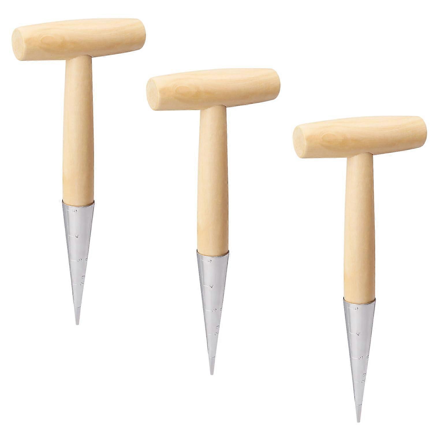 3 PCS 11 Inch Hand Dibber with Wooden Handle Hand Held Planter, Bulb Essential Dibber Gardening Tool for Planting and Bulb Transplanting