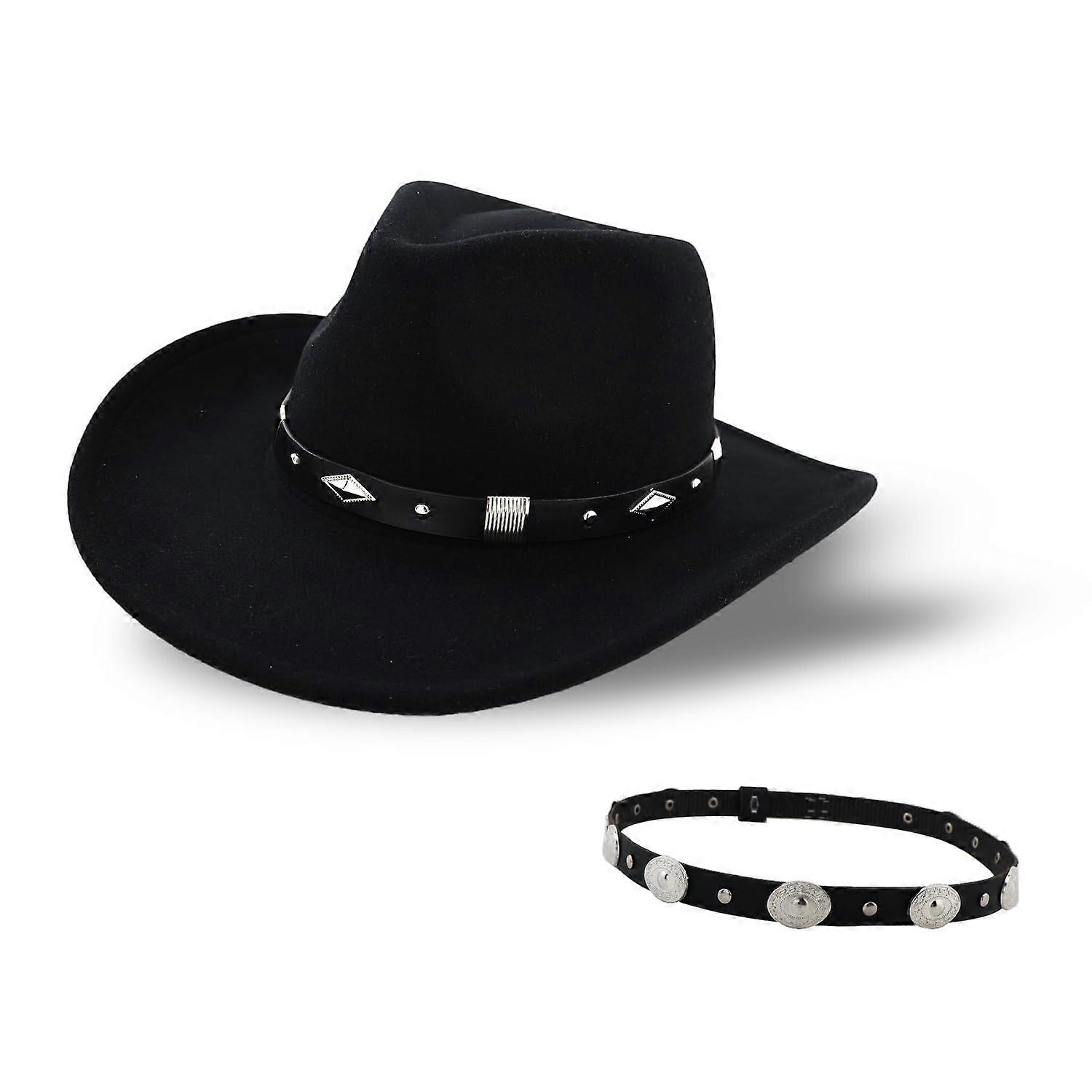 Wide Brim Felt Cowboy Hat with Belt Buckle Unisex Lanzom Wide Brim Felt Western Cowboy Hat with Belt Buckle  main image 4