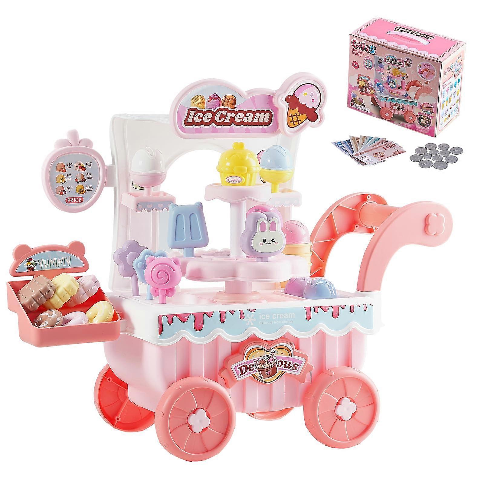 Ice Cream Cart for Kids, 27 PCS Accessories, Pretend Play Store with Storage Trolley (Pink)