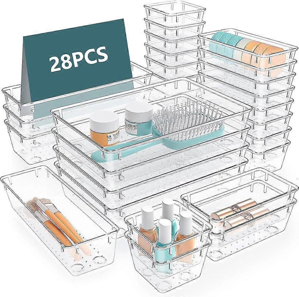 28 יחידות / סט קופסת אחסון PET שקופה מונעת החלקה למגירות מיכל מארגן איפור תכשיטים