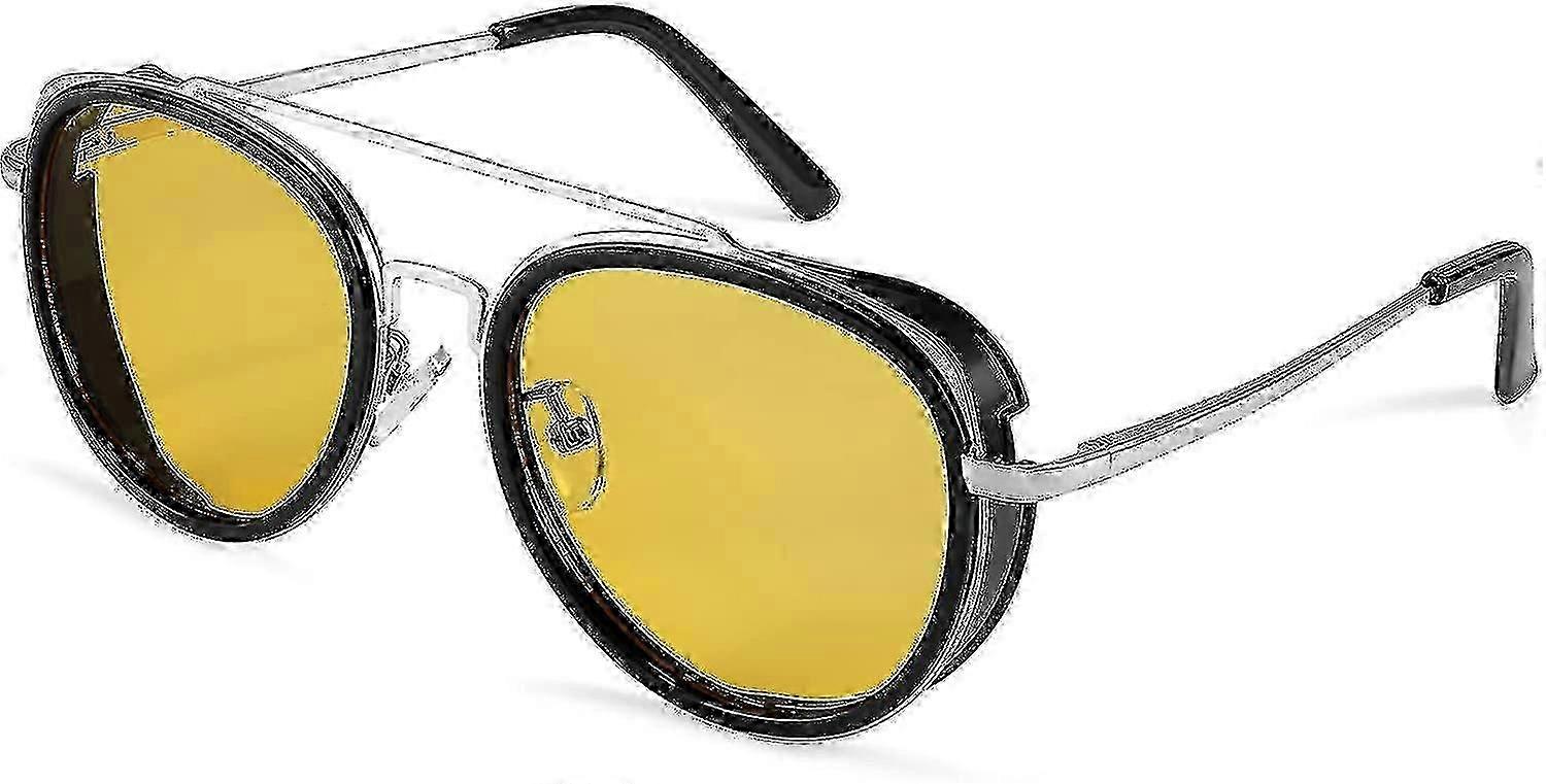 Retro Punk Güneş Gözlüğü Kadınlar ve Erkekler için Yuvarlak Çift Brid Aviator Gözlükleri B2822 - Sarı Lens