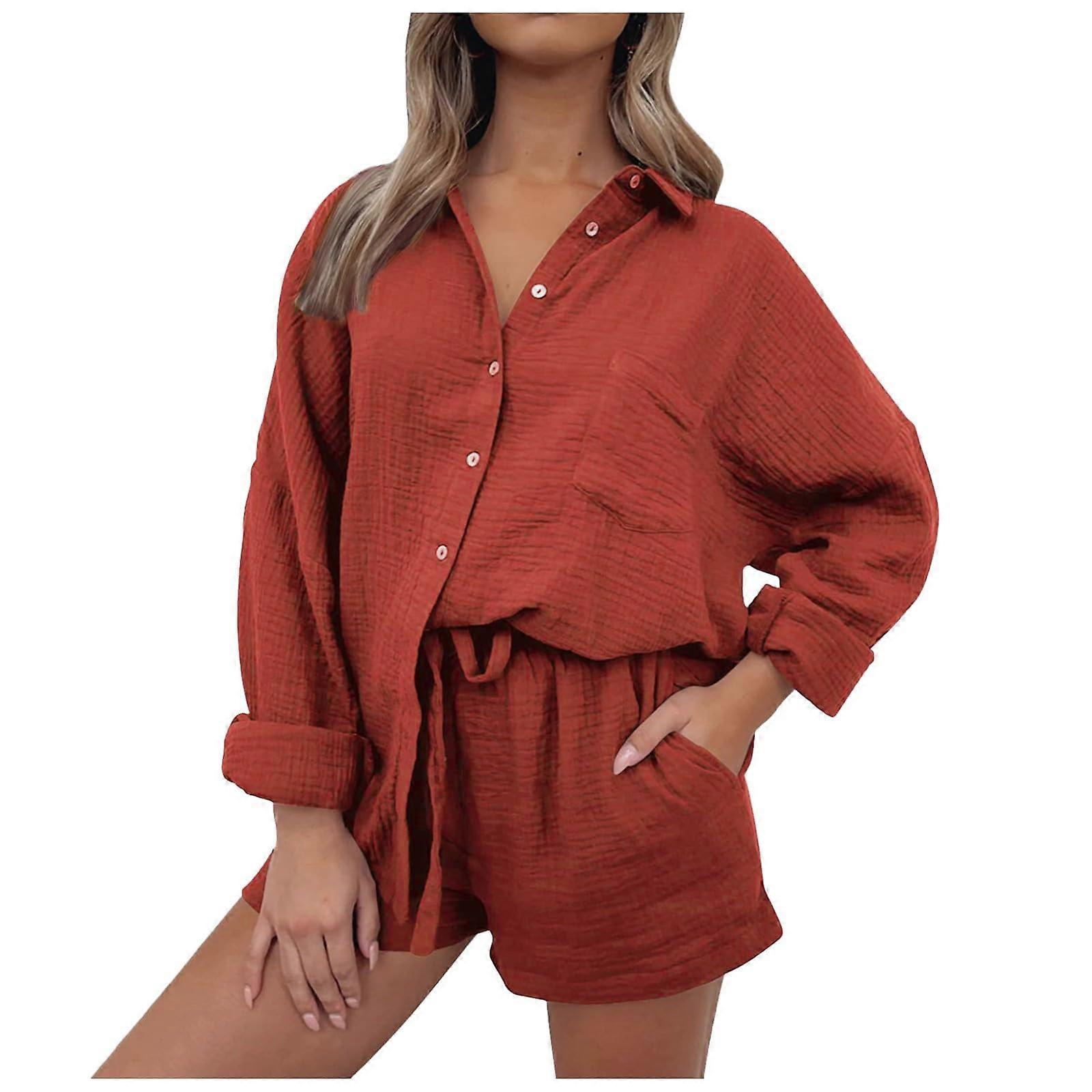 Damen Shorts Set, Langärmlige Button-Down Shirts in Übergröße, Zweiteiliger Trainingsanzug für Mädchen, Weinfarbe S