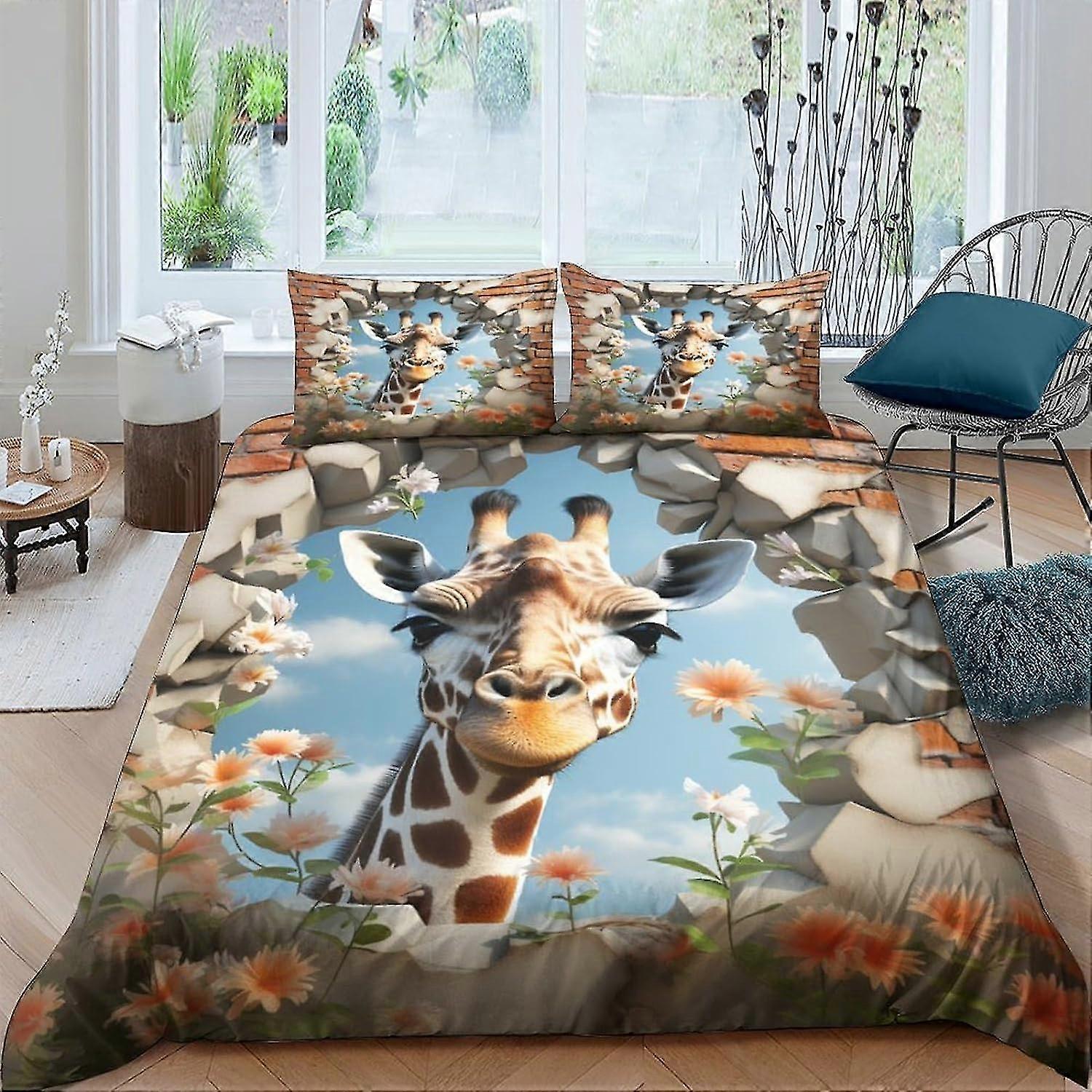 Conjunto de Capa de Edredom de Girafa para Crianças e Adolescentes, 3 Peças, Capa de Colcha Engraçada 3D com Fecho de Zíper, Microfibra Macia
