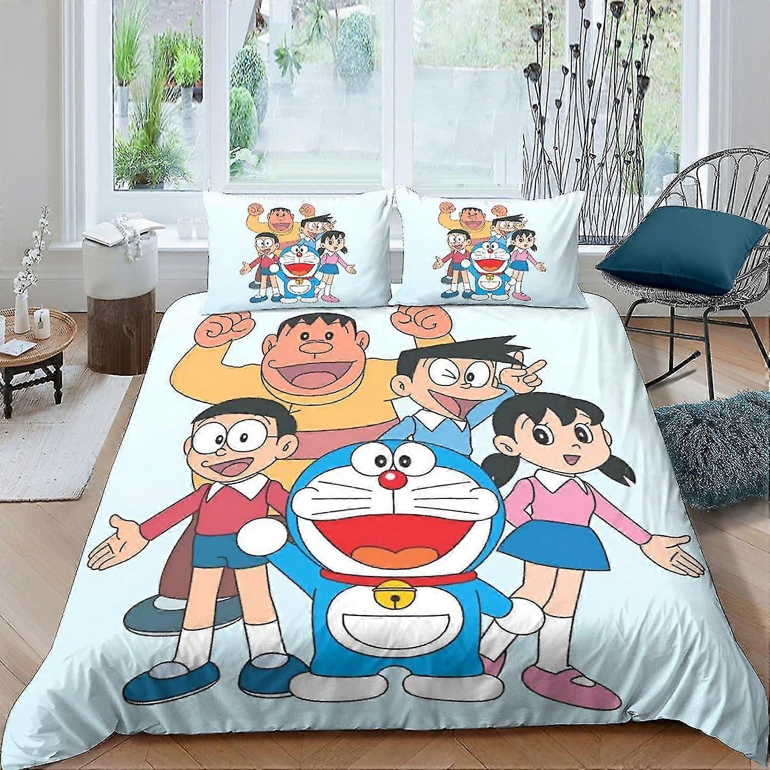 Conjunto de capa de edredom respirável e confortável e macio com design 3D para roupas de cama infantis - Tema de gato azul pequeno 3 peças