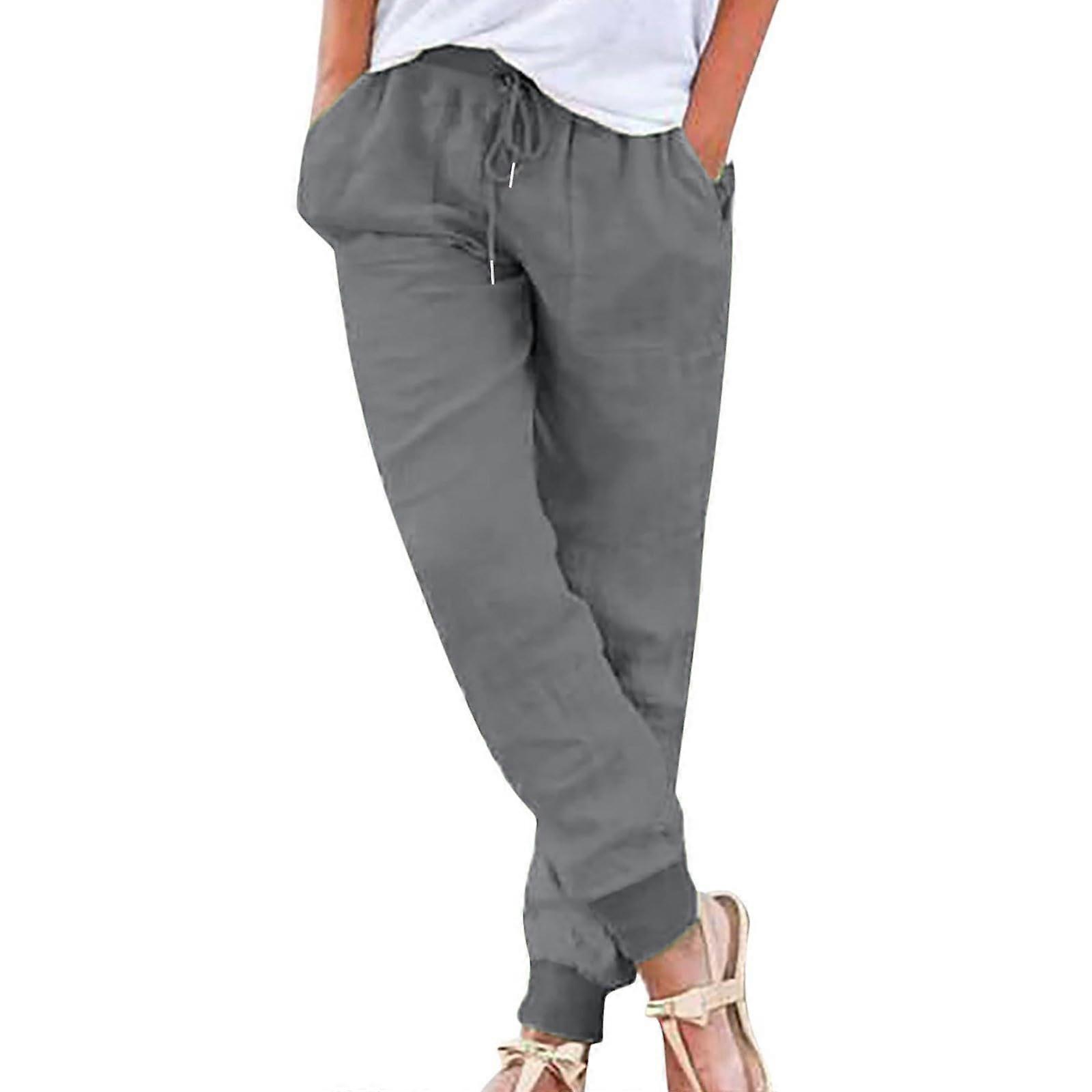 Women's Grey Drawstring Pants with Elastic Knit Waist, Belt, Pockets, and Cuffs, Size L, Designer Style
