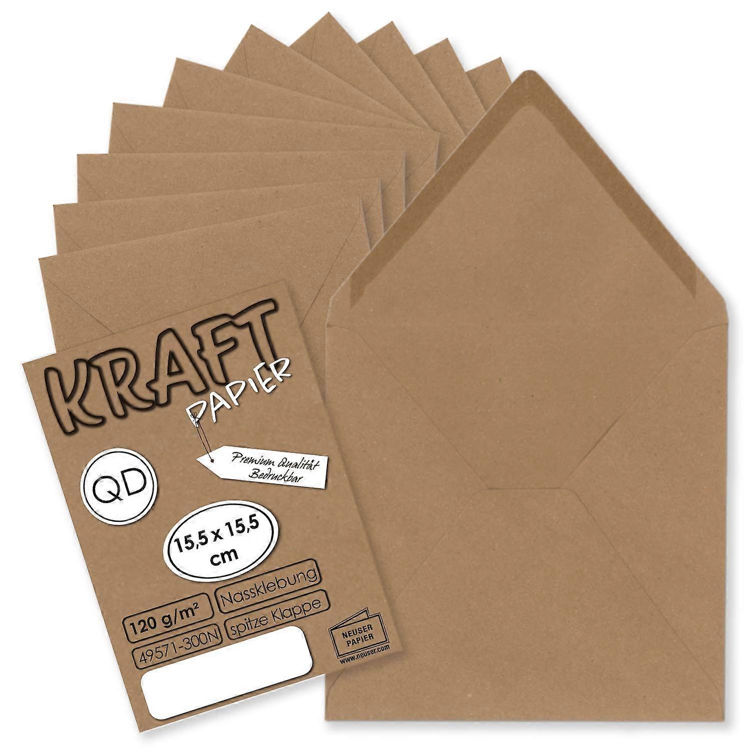 50 x Vintage Envelopes Square Made of Brown Kraft Paper Sustainable 15.5 x 15.5 cm Wet Adhesive Pointed Flap 50 Envelopes Sandy Brown
