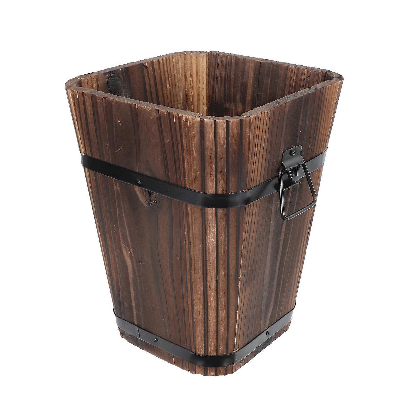 Retro Style Wooden Bucket for Home Decor with Drainage Hole Light Brown Small Planter