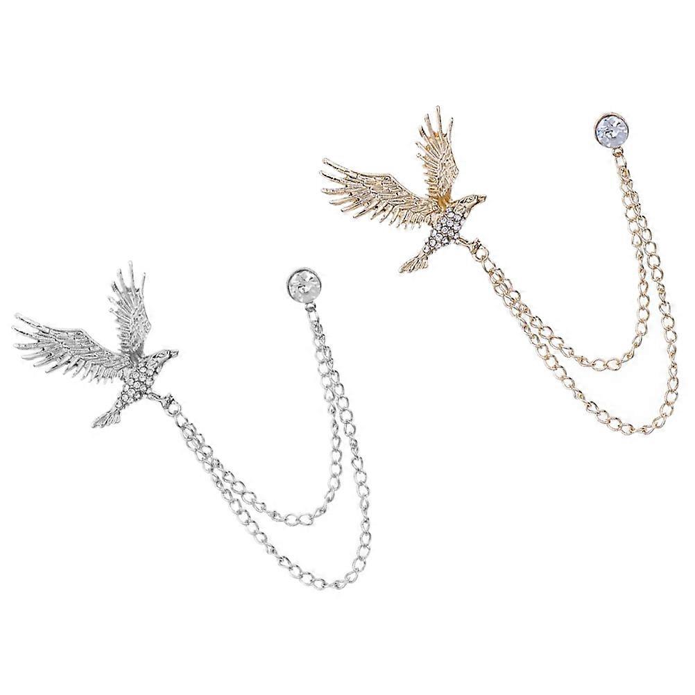 2pcs Alloy Eagle Brooches with Tassel Chain Lightweight Collar Pins for Men's Suits, Shirts & Jeans Durable Lapel Pins in Gold and Silver Colors