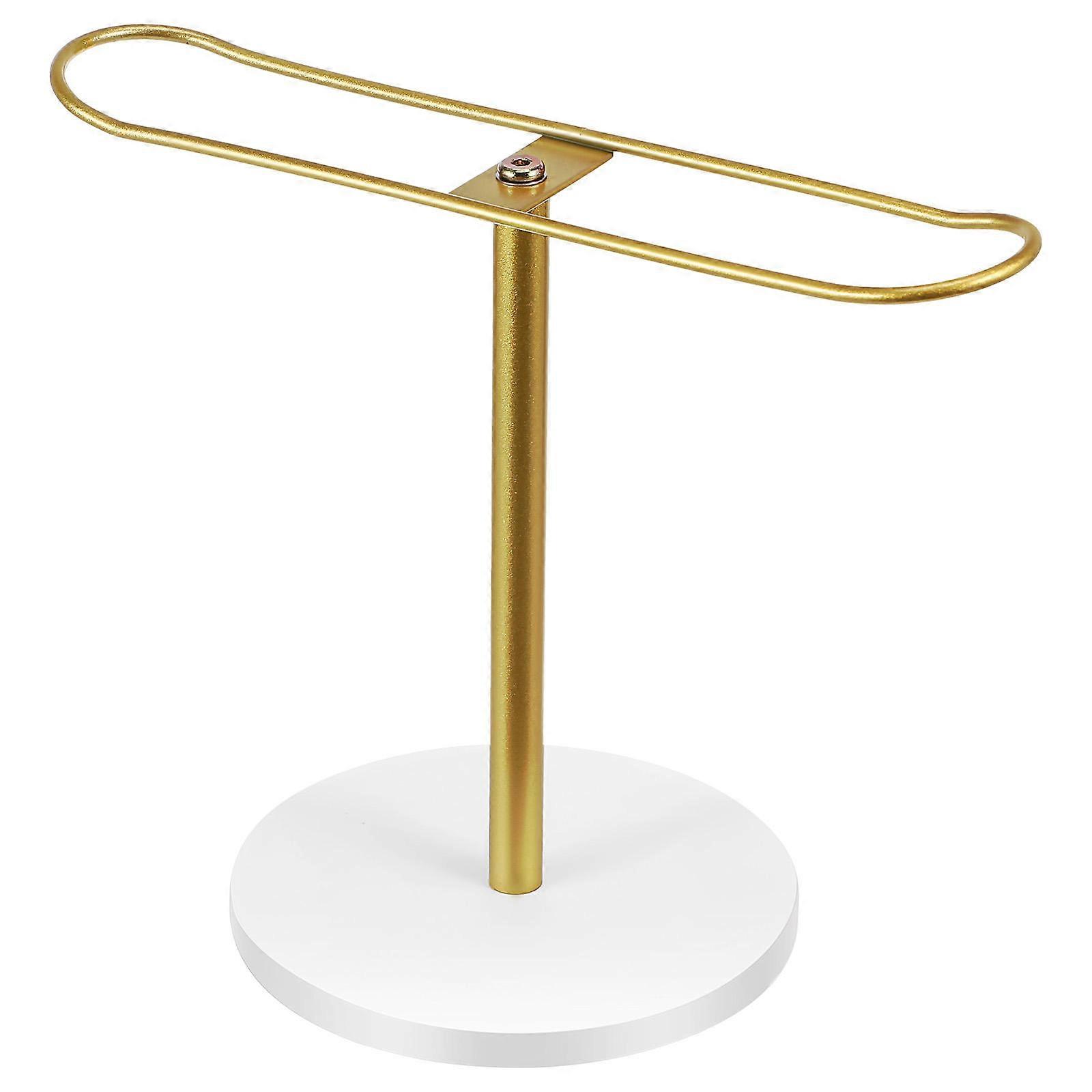 Golden TShaped Headband Organizer Stand for Desktop Use Stable Metal and Wood Construction Space Saving Design Elegant Display