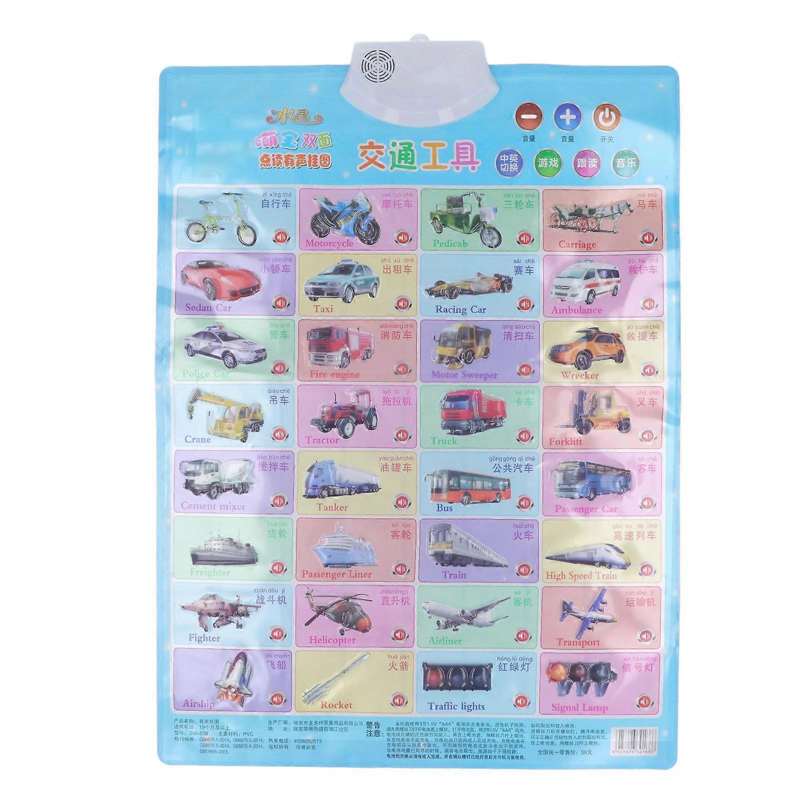 Electronic Wall Vehicle Chart Double Sided with Music Educational Poster for Toddlers Preschool Learning