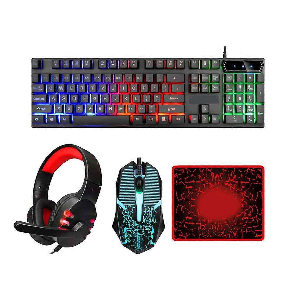 Wired Gaming Computer Keyboard Mouse Headset And Mousepad Accessory Set For Office Work Black Colorful Backlit 1 Set