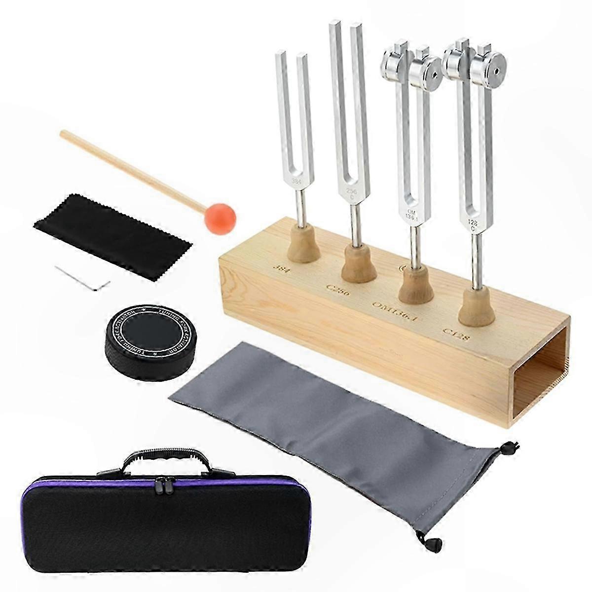 4-Piece Tuning Fork Kit with Carry Bag, Activator, and Wooden Sound Box for Sound Therapy and Healing Practice
