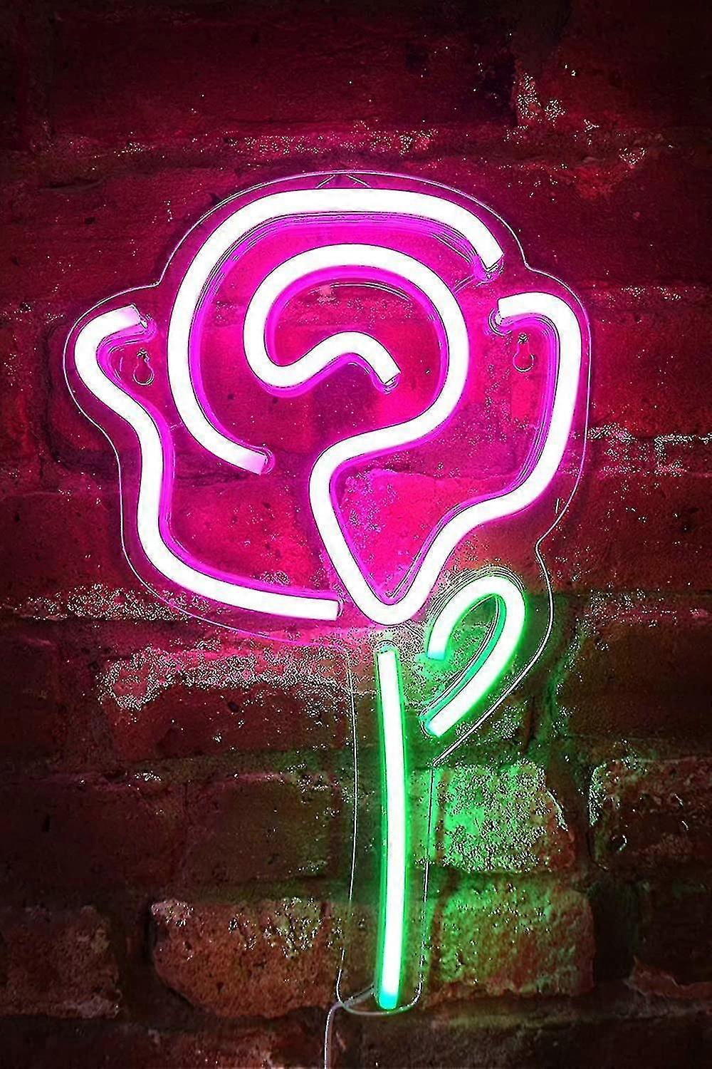 アイザックジェイコブス13インチx8.66インチLEDネオンピンクローズフラワーウォールサイン、グリーンステム付き、家と寝室の装飾