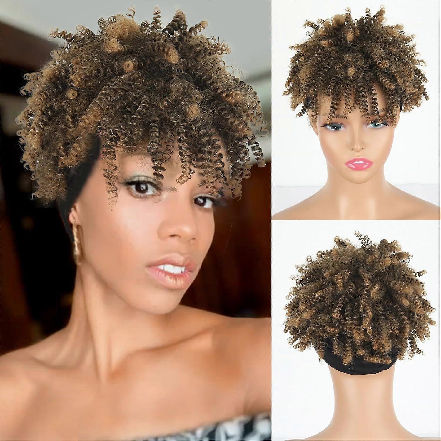 Afro Ombre Brown Kinky Curly Headband Wig with Bangs - Synthetic Afro Puff Wrap
