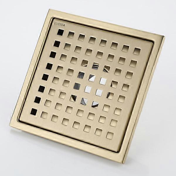 Bruseafløb guld rustfrit stål firkantet 15x15cm bruseafløb gulvafløb gulvafløb med gulvafløbsdæksel, messing deodoriserende kerne, børstet guld