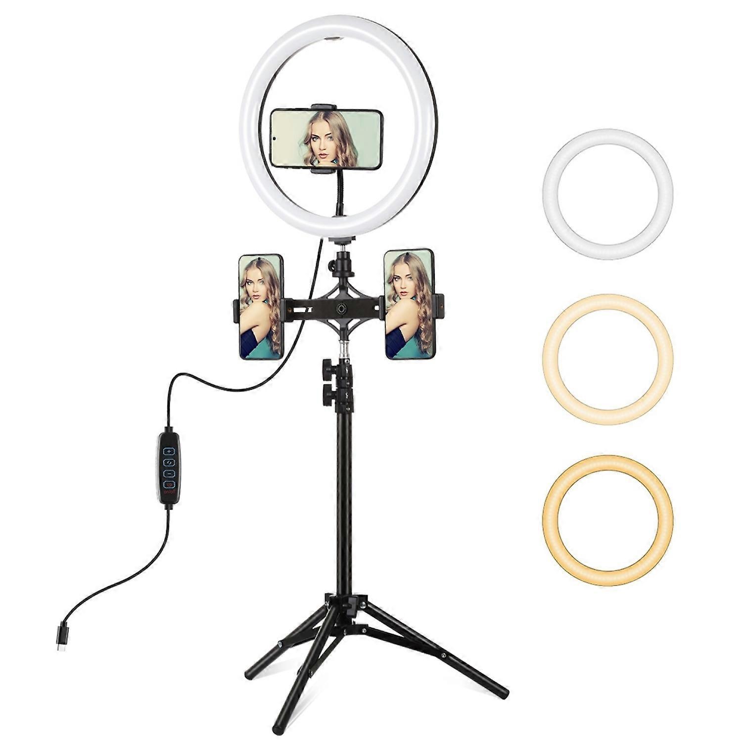 PULUZ PKT3099B 30cm LED Ring Light Type C Plug Dimmable Fill Lamp with PU419 Tripod+PU394 Dual Phone