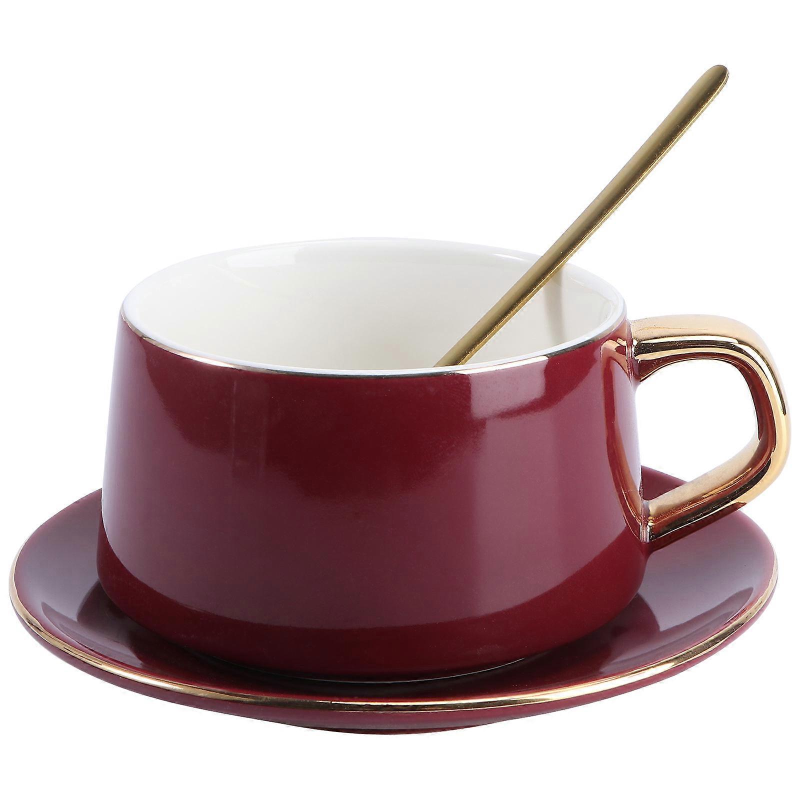 Ceramic Coffee Cup Tea Cup Tray for Afternoon Tea Set 2Pcs Wine Red