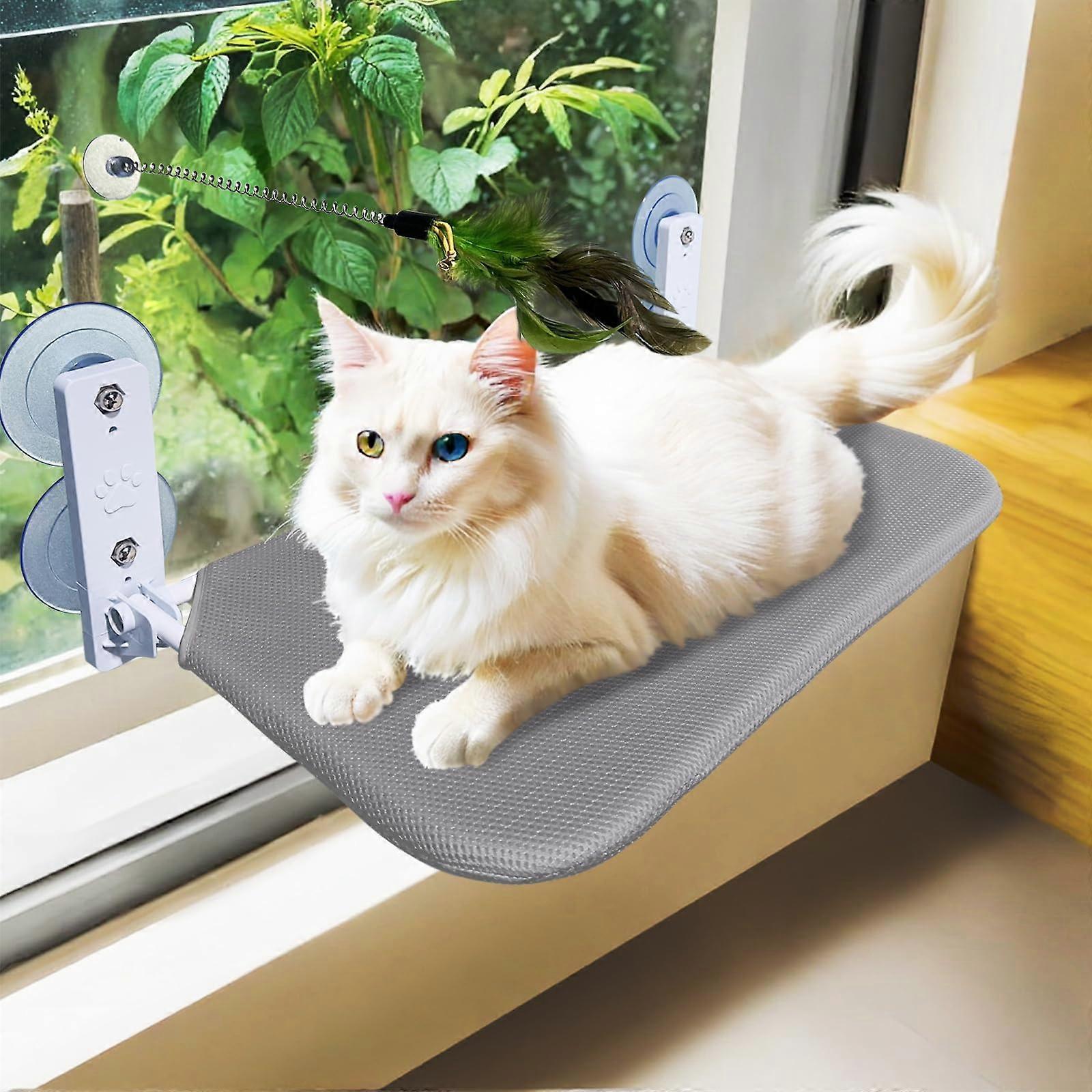 Cat Window Perch Hammock Foldable With 4 Suction Cups Gray Window Mounts Easy Assembly Cat Wand Included