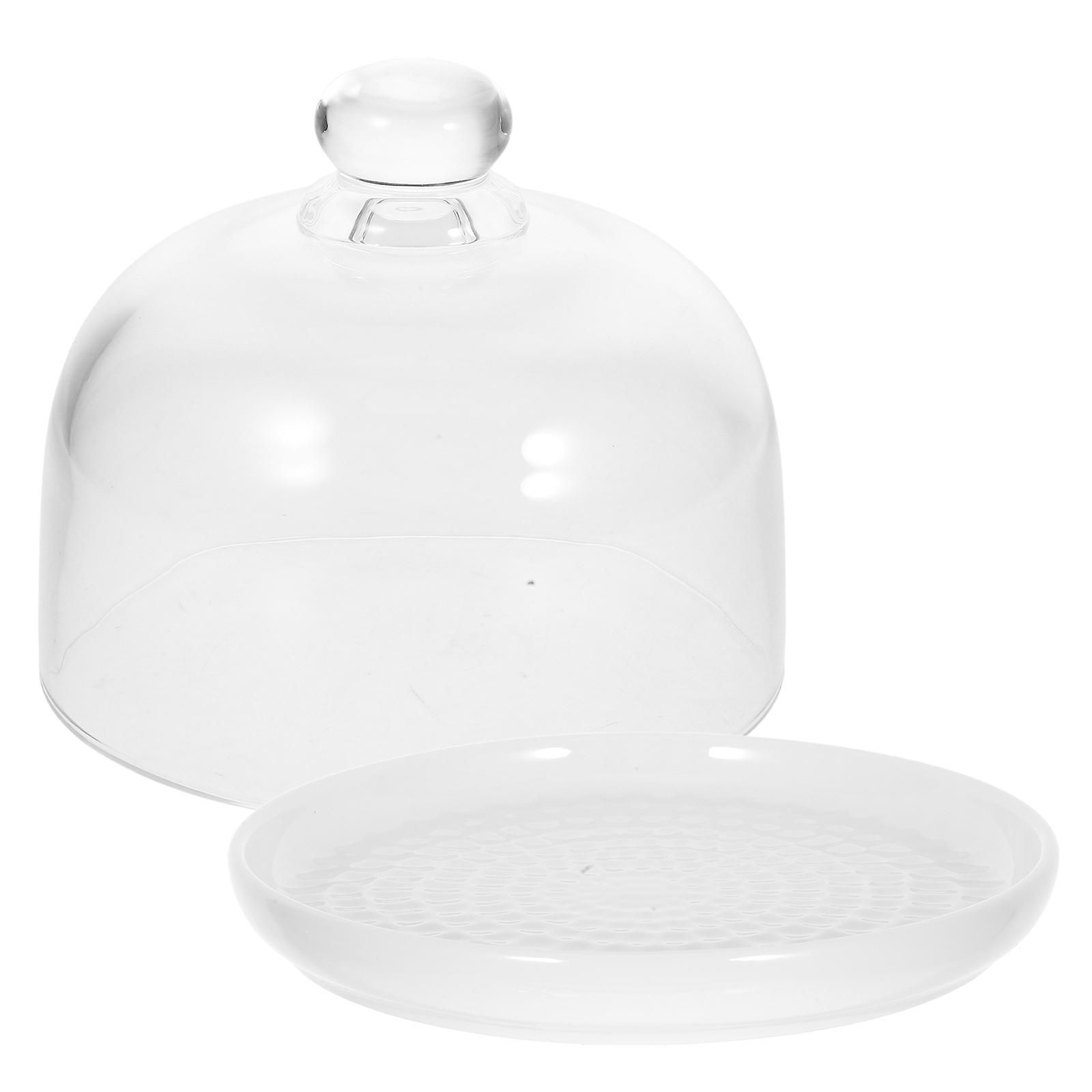 Ceramic Dessert Tray with Glass Dome for Cake Protection 4Sets