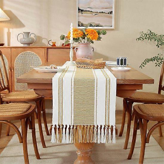 Bohemian Cotton and Linen Table Runner with Tassels - 35x228cm Simple Thick Checked Woven Tablecloth - Everyday Tablecloth - Soft and Durable - Washa