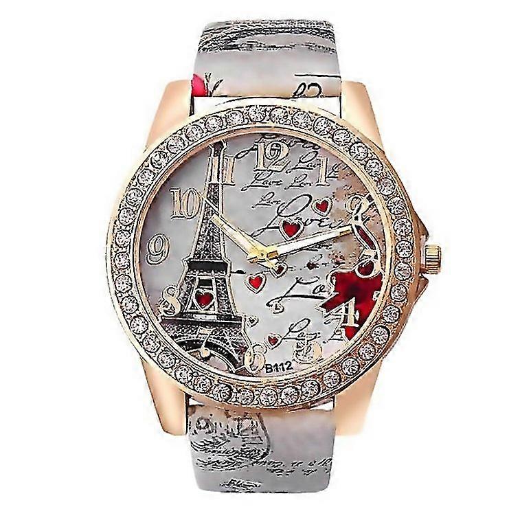 For Eiffel Tower Heart Pattern Leather Strap Quartz Watch For Women