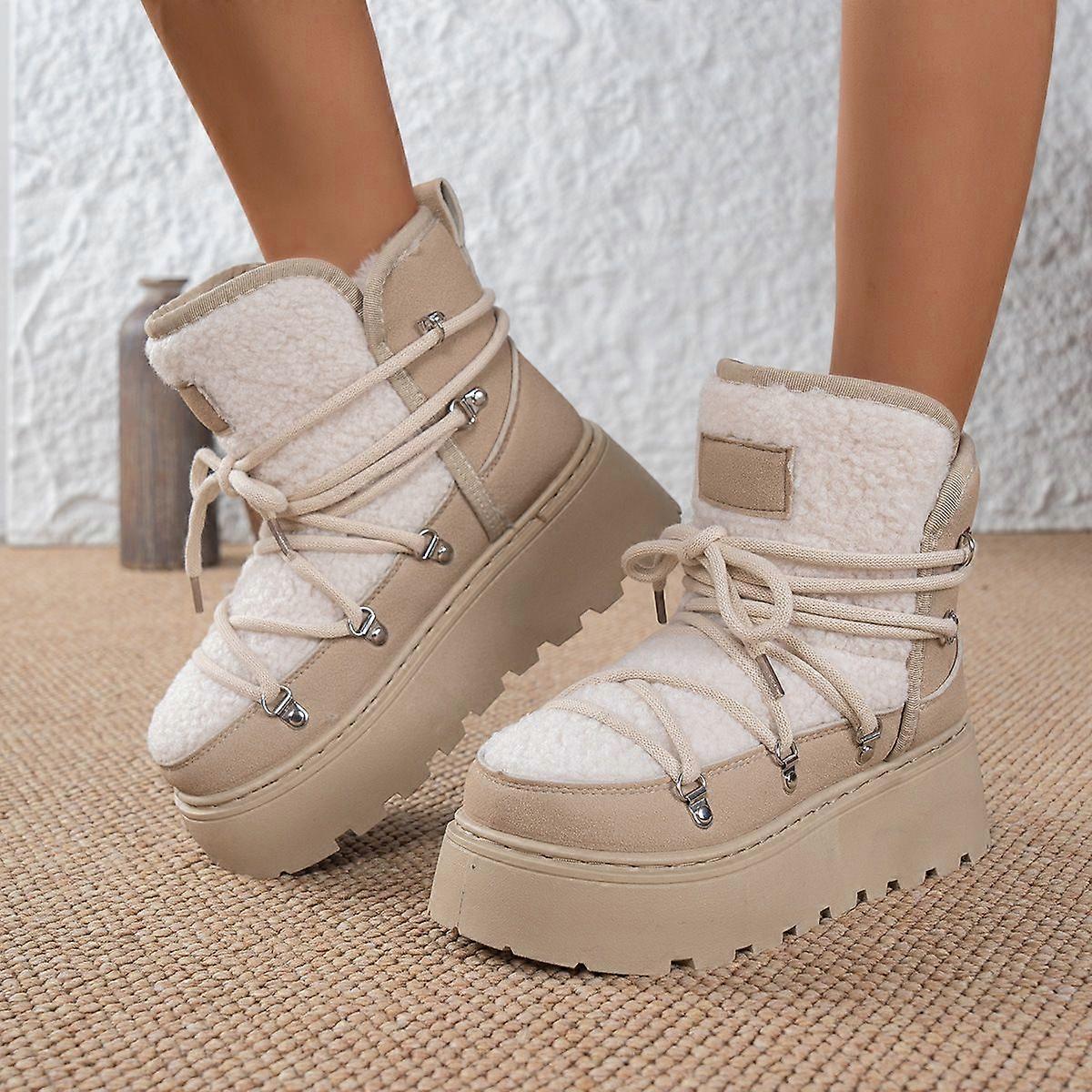Platform Snow Boots Lace-Up Warm Women's Boots Fleece Lined Anti-Slip Short Boots