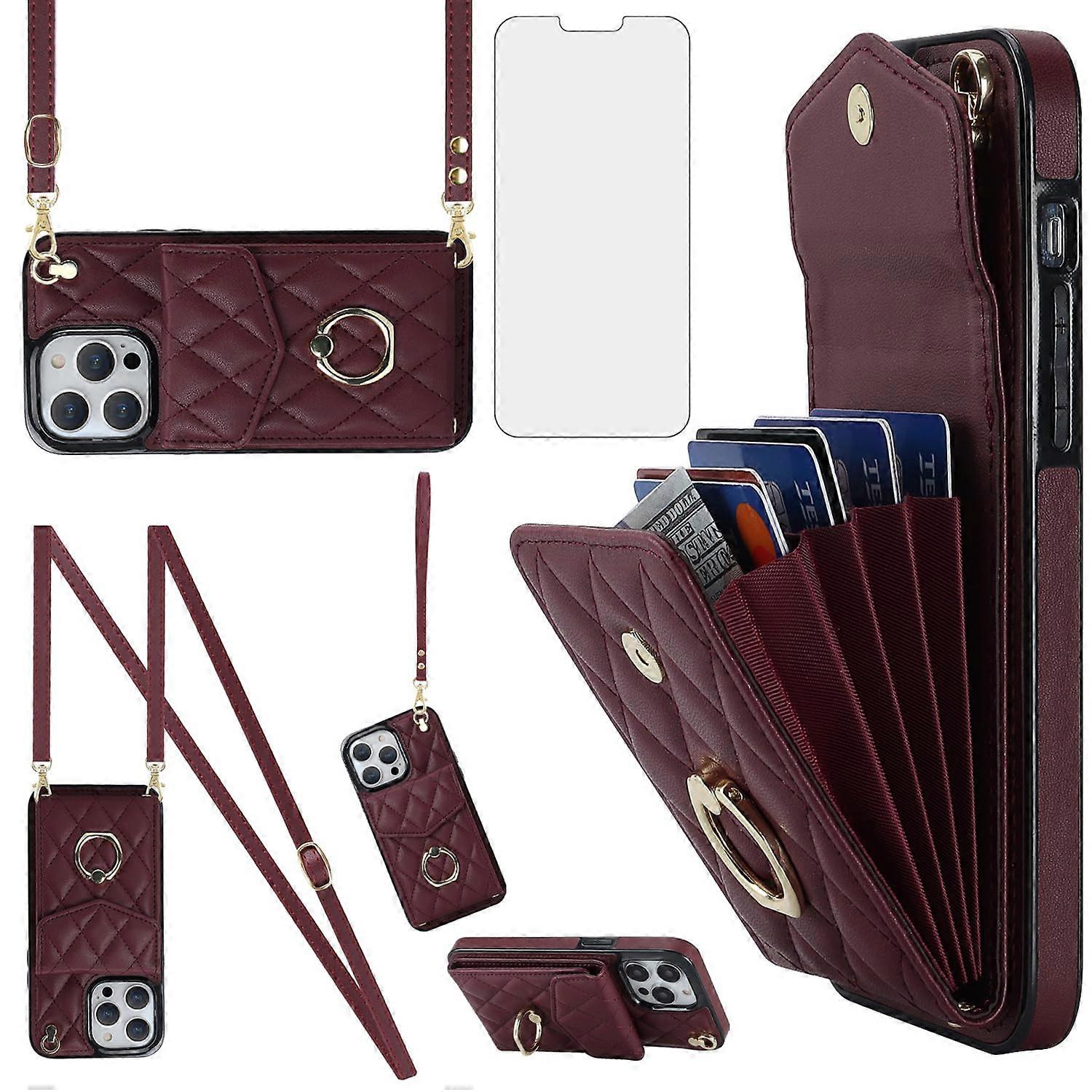 Wallet Case 6.1 Inch With Screen Protector RFID Blocking Card Holder Wrist Strap Ring Wine Red for iPhone 15 Pro