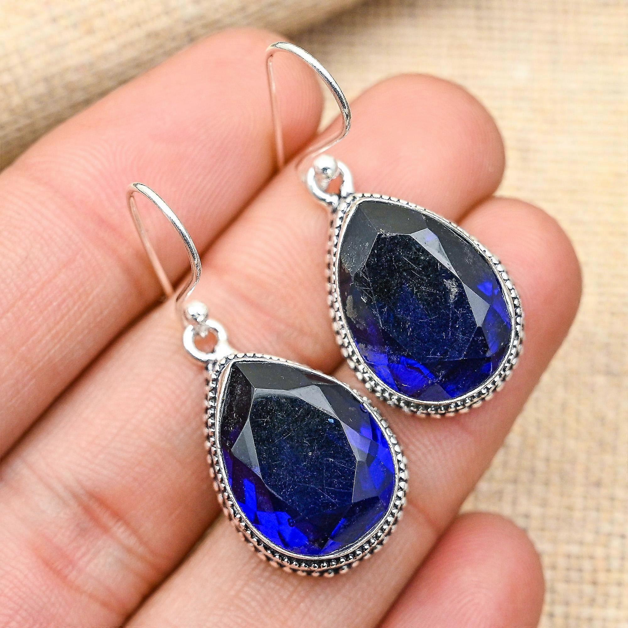 Cercei din argint 925 masiv, cu pietre prețioase create în laborator, safire albastre, bijuterii lucrate manual