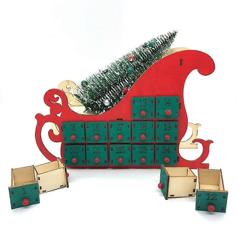 Christmas Sleigh Tree Wooden Advent Calendar Countdown 24 Drawers with LED Light Xmas Party Decor