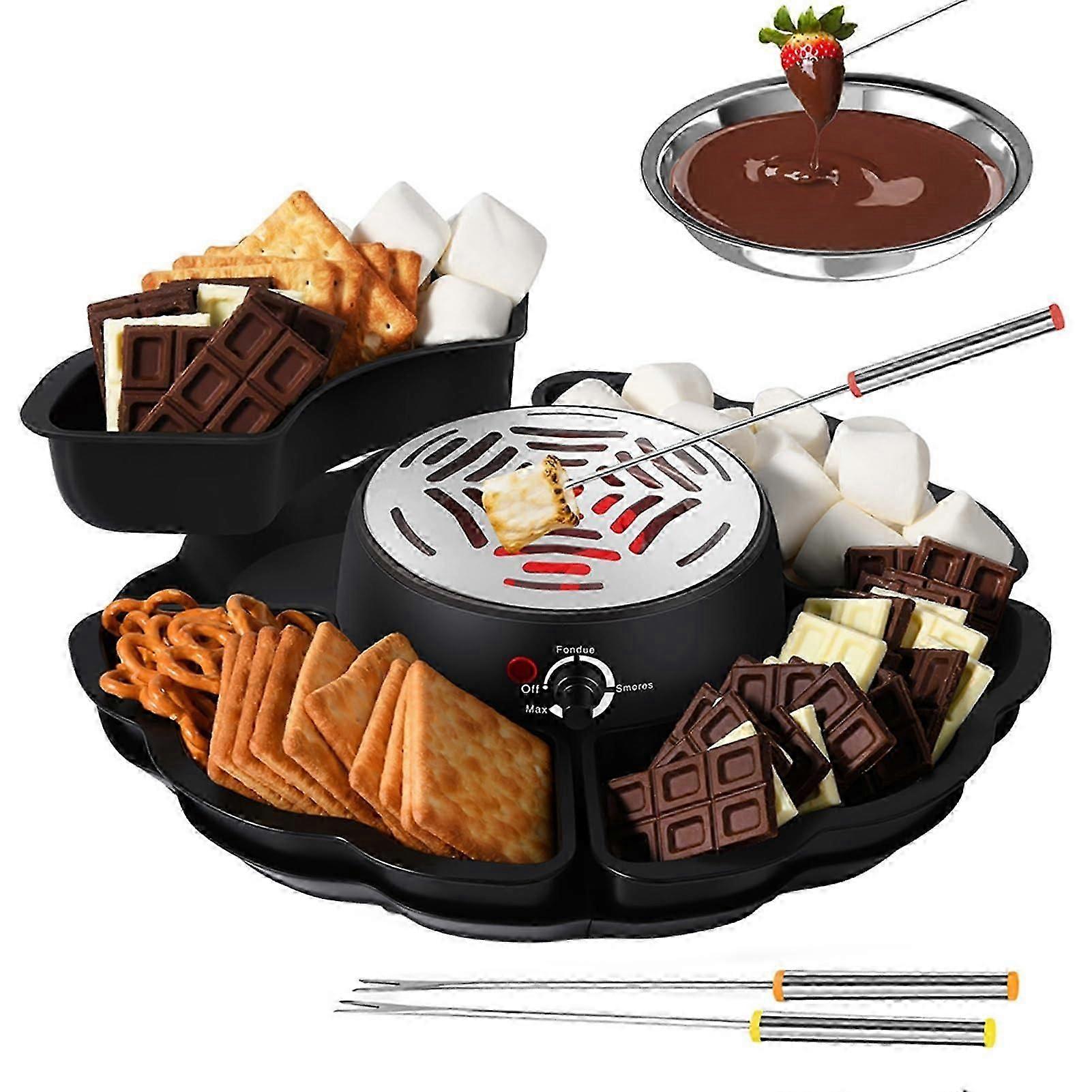 2 in 1 S'mores Maker and Fondue Set with Temperature Control, 4 Removable Trays, Roasting Forks, Black